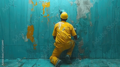 An individual patching up holes and painting over scratches on walls photo