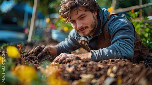 An individual laying down new mulch in the garden beds photo