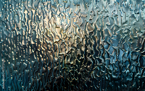 A blurry image of a window with a blue and gold pattern. The image has a moody and abstract feel to it