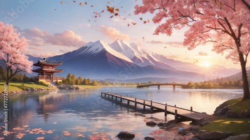 Digital Wallpaper Illustration of Beautiful Sunset Views with Mountains, lake, river and sakura tree #772721969
