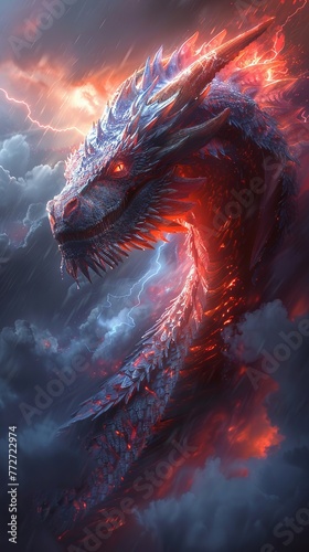the Dragon King is soaring through stormy skies, lightning crackling around it,