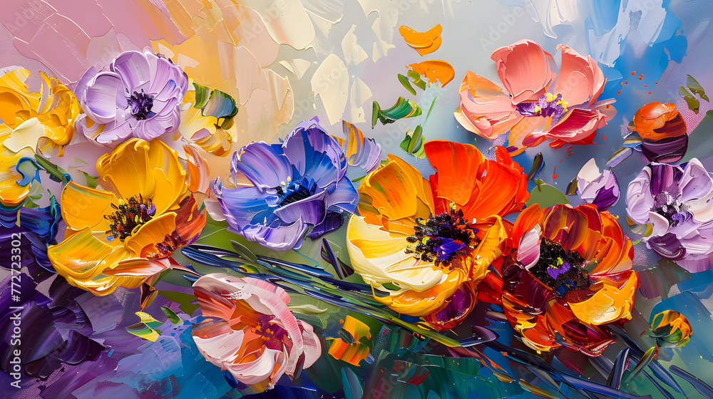 A painting of a bouquet of flowers with a blue background. The flowers are in various colors, including yellow, pink, and purple. The painting has a vibrant and lively feel, with the colors