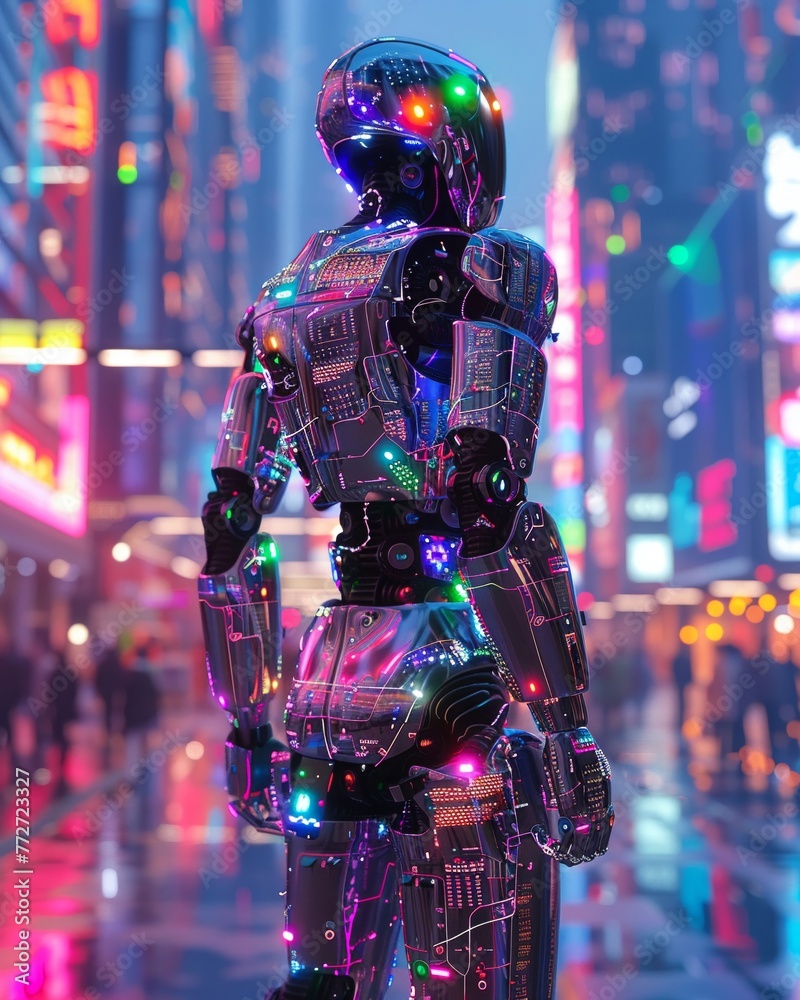 Cyborg, metallic skin, navigating virtual reality landscapes, merging human and machine cultures, neon-lit metropolis Cyborg, metallic skin, navigating virtual reality landscapes, merging human and machine cultures, neon-lit metropolis