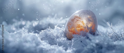 An egg encapsulated in ice contrasting the concepts of warmth needed for hatching and cold stasis photo