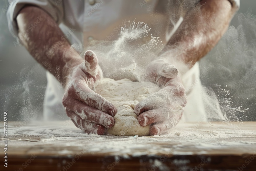 Close-up of a man's hands kneading dough on a light background Close-up of a man's hands kneading dough on a light background