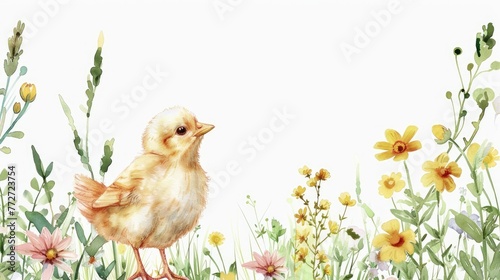 Watercolor yellow Easter chick in grass and flowers on a white background with empty space for writing.