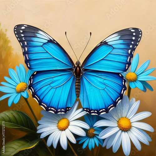Butterfly and daisies on a brown background. Digital painting.