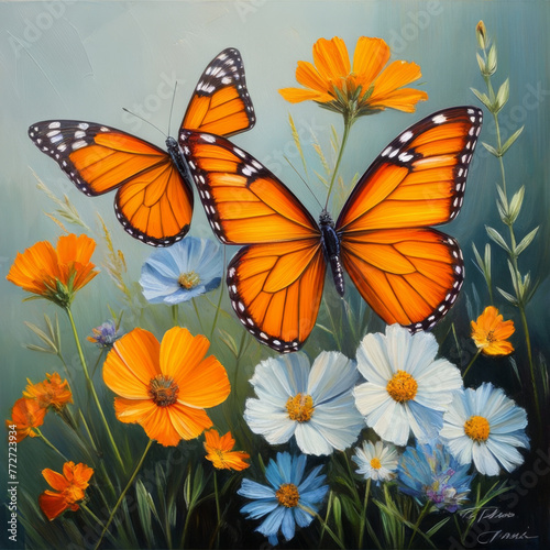 Beautiful meadow flowers with butterfly, painting in oil on canvas © Steve