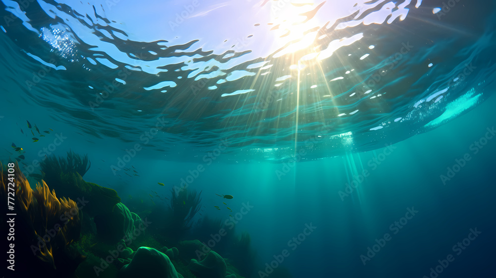 Obraz premium Sun's rays penetrate in clear blue underwater scene