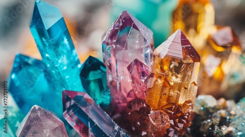 A group of vibrant crystals in various colors are arranged neatly on a table