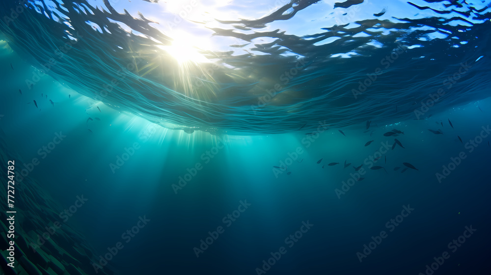 Obraz premium Sun's rays penetrate in clear blue underwater scene