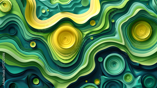 A green and yellow abstract painting with a lot of curves and swirls. The painting has a lot of texture and depth, and it seems to be a representation of nature or the ocean. The colors are bright