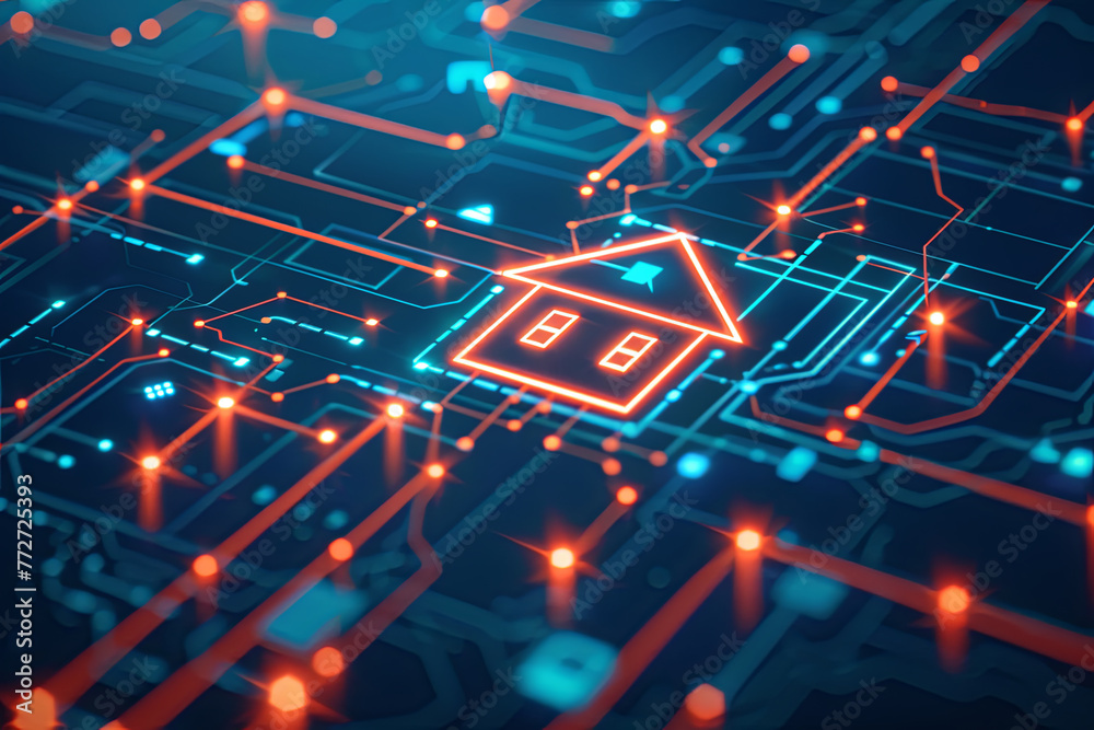 A house icon on a digital surface for smart home automation concept A house icon on a digital surface for smart home automation concept