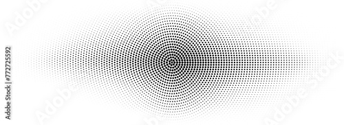 Radial halftone comic grunge texture. Abstract dotted circle line background. Black pop art dot gradient backdrop. Retro cartoon for poster, overlay, cover, print. Vector noise grain pattern wallpaper
