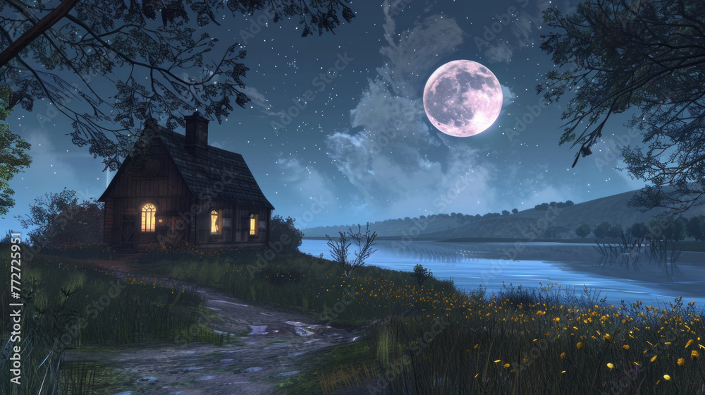 A peaceful countryside with the moon shining down on a cozy farmhouse and its surrounding fields. . . - obrazy, fototapety, plakaty 