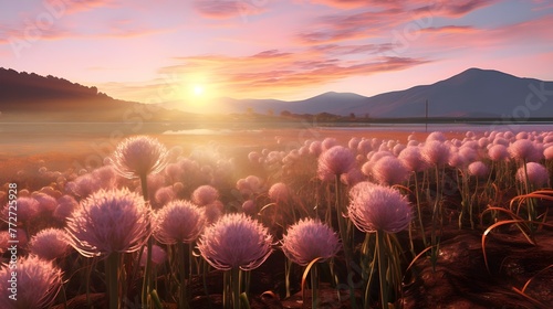 Arafed field of flowers with a sunset in the background generative ai
 photo