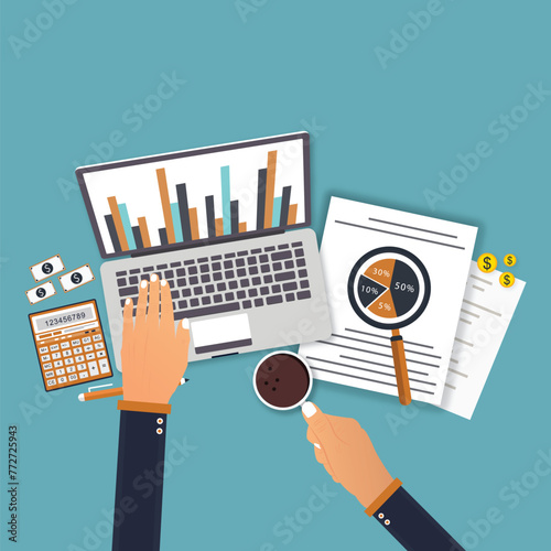 Business audit and financial research. Auditor doing systematic control of expenses, estimate of budget, corporate documents, accounting process flat vector illustration. Finance, calculation 