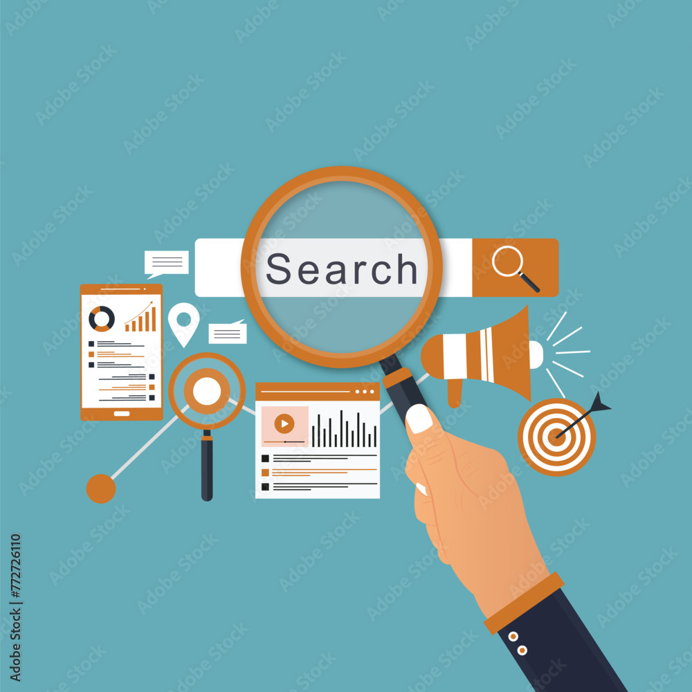 Search, discover or research, SEO, search engine optimization, finding information, new job or explore websites concept, businessman with magnifying glass discover new websites from search box Search, discover or research, SEO, search engine optimization, finding information, new job or explore websites concept, businessman with magnifying glass discover new websites from search box