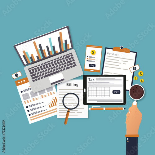 Tax payment concept. State Government taxation, calculation of tax return. Man fills the tax form, documents, calendar, calculator, laptop. Pay the bills, invoices, payrolls. Vector illustration