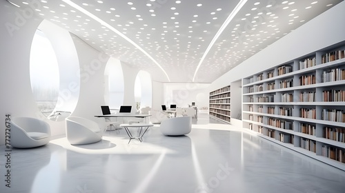 A white room with a shelf and a bookcase in the middle. 