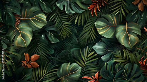A lush green background with leaves and vines. The image has a tropical feel to it