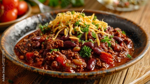 A delectable plate of Texan chili con carne, hearty and spicy with chunks of tender beef, kidney beans, tomatoes, and aromatic spices, served with a sprinkle of shredded cheese and chopped onions. photo