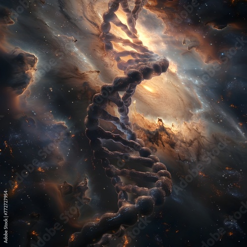 DNA Double Helix in Cosmic Swirls A Visual Odyssey through Astrobiology and Genetics generetive ai © Mina Nida