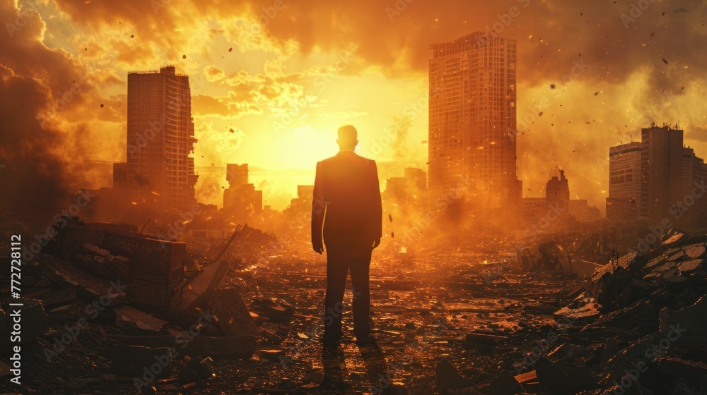 Against the backdrop of broken promises, the silhouette of a defeated entrepreneur stands as a symbol of hope amidst the ruins of failure. Against the backdrop of broken promises, the silhouette of a defeated entrepreneur stands as a symbol of hope amidst the ruins of failure.