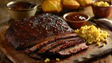 A delectable plate of Texas barbecue brisket, smoked to perfection and served with a side of tangy barbecue sauce, creamy macaroni and cheese, and buttery cornbread muffins.