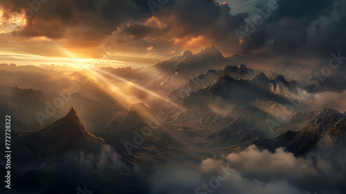 A mountain range with a sun shining through the clouds. The sun is casting a warm glow on the mountains, creating a serene and peaceful atmosphere