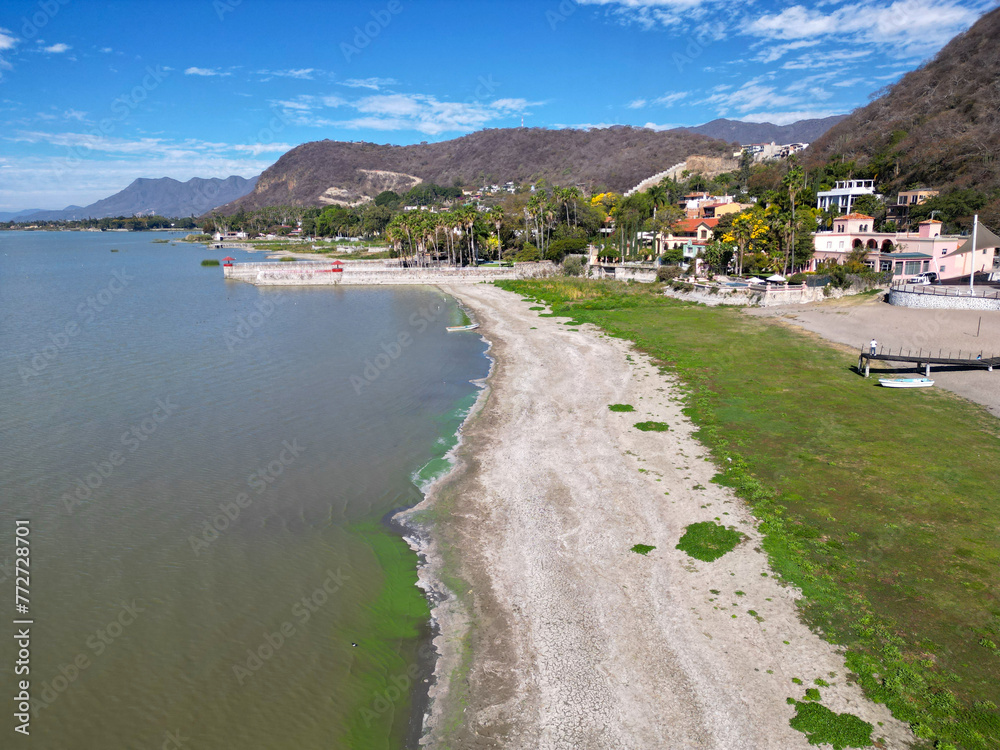 Aerial View of Chapala Lake's Shoreline with Low Water Level