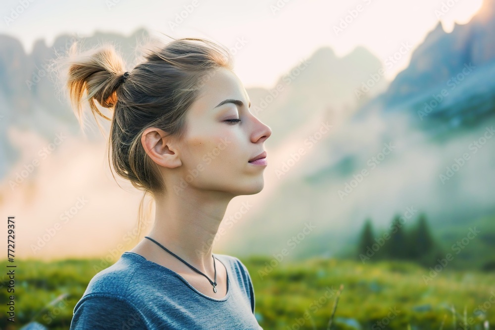 Caucasian woman enjoying the fresh morning air on the mountain, calming refreshing Caucasian woman enjoying the fresh morning air on the mountain, calming refreshing