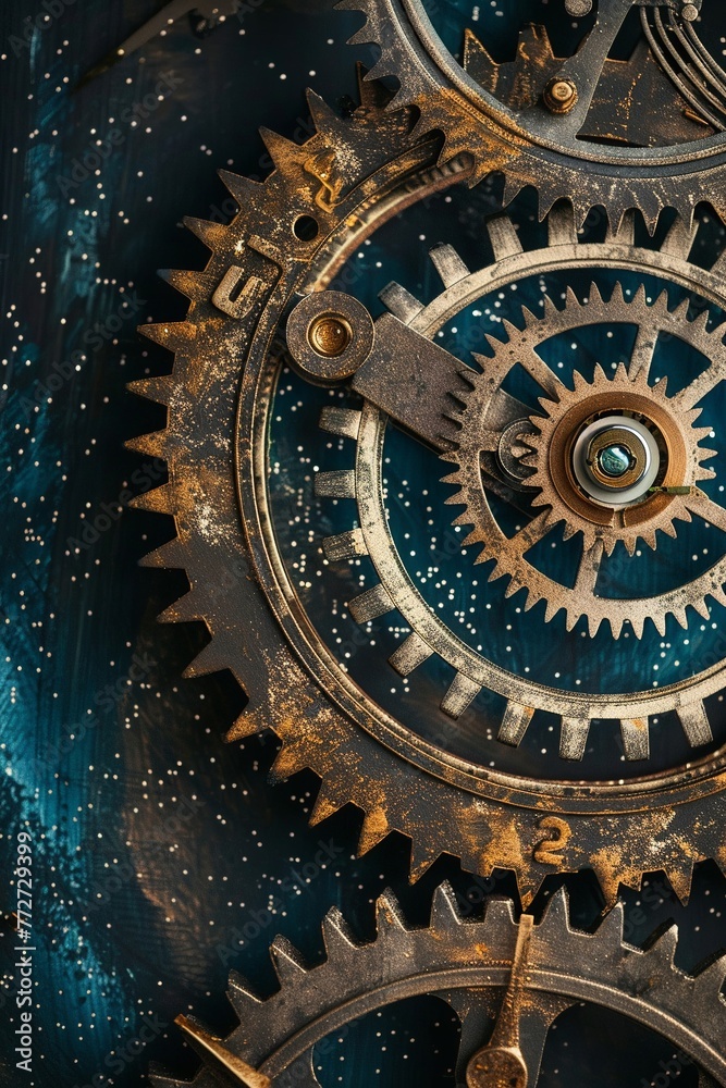 Clock gears merging with a starry night sky close-up
