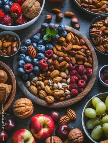 Bowl of mixed nuts and fruit is displayed on table