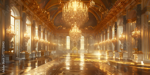 A realistic fantasy interior of the royal palace. golden palace. castle interior.  generative ai 