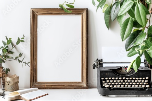 A picture frame and a typewriter sit on the table in the room