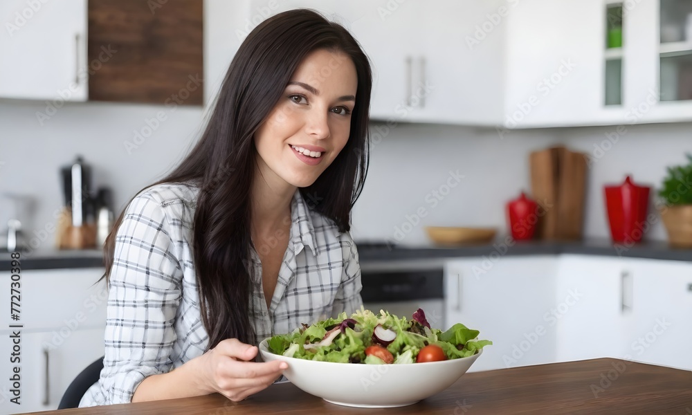 Happy Woman Enjoying Vegan Salad A Healthy Lifestyle