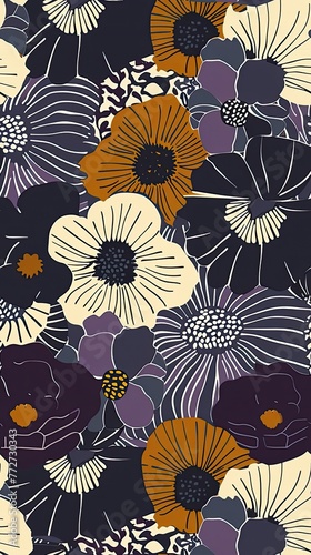 A bold, art deco floral wallpaper pattern featuring stylized, geometric bloom, illustration made with generative AI