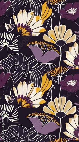 A bold, art deco floral wallpaper pattern featuring stylized, geometric bloom, illustration made with generative AI