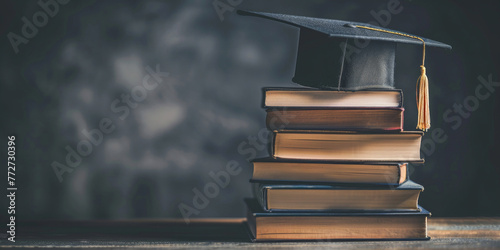 A graduation cap resting on top of a neatly stacked set of academic books, symbolizing academic achievement and success photo