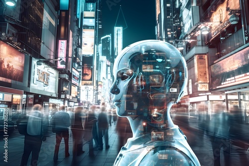 Ai robot going to work walking on the street, advanced, ai taking over © Mockup Lab