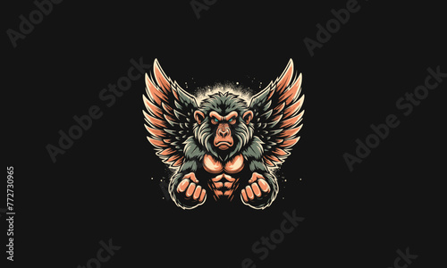 baboon angry with wings vector artwork design