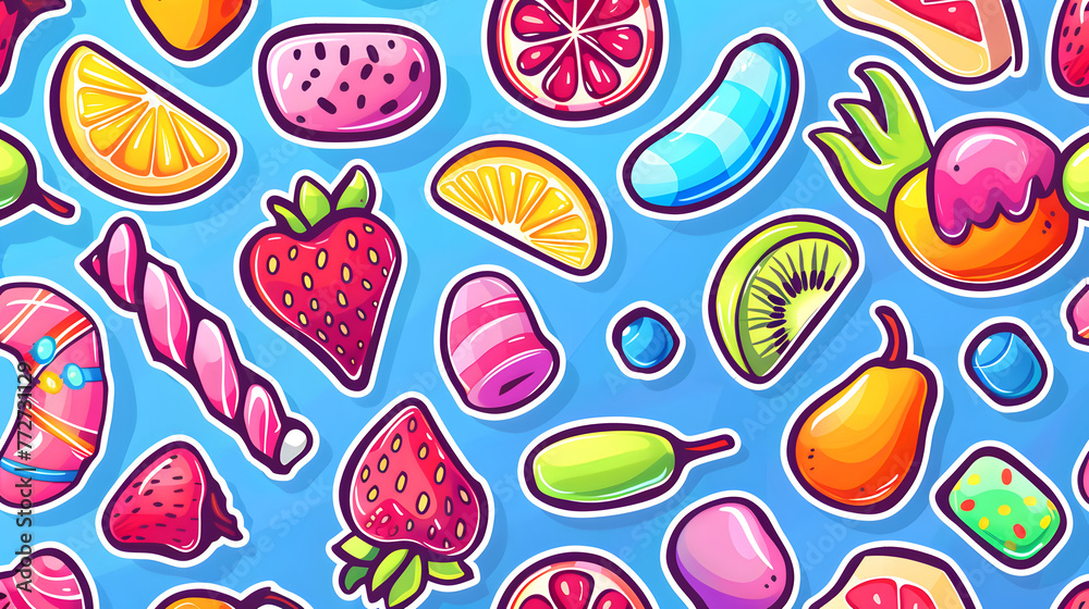 A colorful sticker background with a variety of fruits and candies. The image is vibrant and playful, with a focus on the different types of fruits and sweets A colorful sticker background with a variety of fruits and candies. The image is vibrant and playful, with a focus on the different types of fruits and sweets
