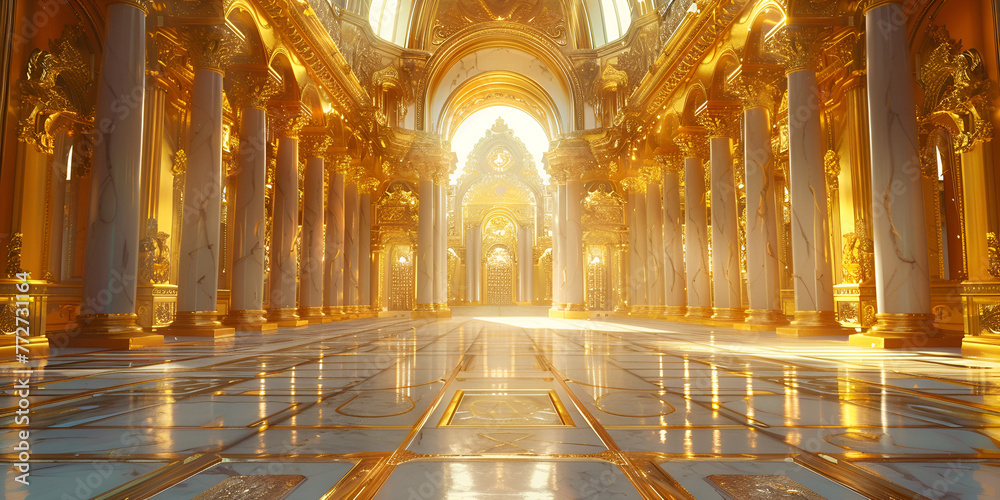 A realistic fantasy interior of the royal palace. golden palace. castle interior.  generative ai 