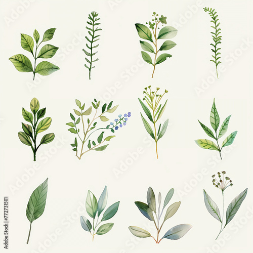 A compilation of doodled herbal sprigs and leaves  each painted with delicate watercolor shades  perfect for a kitchen or dining area