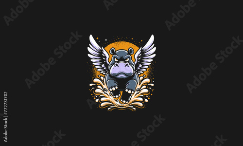 hippo angry with wings splash background vector artwork design
