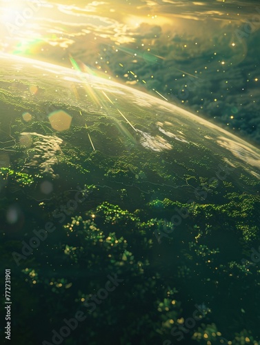 Lush Earth  sunbeam illumination  cosmic backdrop  close up  green lands visible  natural light