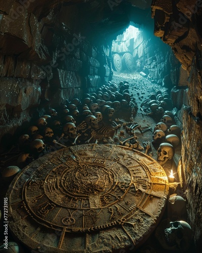 , intricate artifact, covered in mystic symbols, discovered deep within a hidden catacomb, surrounded by ancient skeletons, realistic, silhouette lighting, HDR