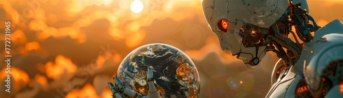 A robot, holding a globe, debating practicality of geoengineering projects