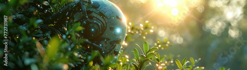AI Companion  Holographic Projection  A utopian world  where machines and humans coexist  surrounded by lush greenery  3D Render  Sunlight  HDR